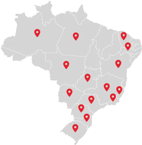 Ilustração de mapa político do Brasil, colorido de cinza claro, com os recortes dos estados brasileiros. Há um ícone de marcador de localização, na cor vermelha, em cada um dos estados onde o Instituto BRF atua, que são: Roraima, Pará, Mato Grosso, Tocantins, Goiás, Rio Grande do Norte, Sergipe, Minas Gerais, São Paulo, Paraná e Santa Catarina. Logo abaixo do mapa, a legenda: “Mapa de atuação do Instituto BRF no Brasil”.