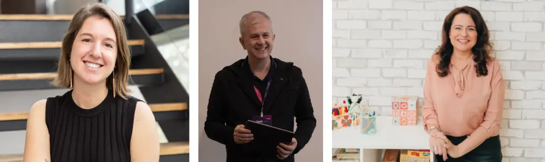 Montagem com três fotos das pessoas que foram entrevistadas. Da esquerda para direita: Gabriela Bonotti, Fabricio Eduardo Ferreira e Luciana Brites.