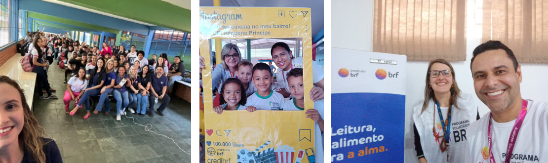 Montagem com três fotos com registro das ações Campanha Trânsito Seguro, Vai ter cinema no meu bairro e Bibliotecas na rua. A primeira é em estilo selfie de uma voluntária com um grupo de estudantes sentados. A segunda é um grupo de crianças e voluntárias segurando a moldura de um post do Instagram. Já a terceira é a foto de uma voluntária e um voluntário ao lado de uma das geladeirotecas.