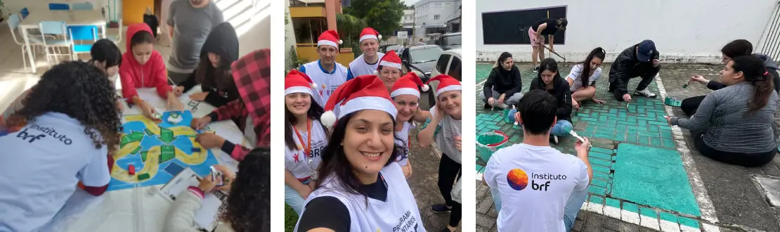 Montagem com três fotos de ações do voluntariado em 2023. Da esquerda para direita: foto de uma voluntária de costas, apoiada sobre uma mesa com o tabuleiro do Jogo da Sustentabilidade com várias crianças brincando ao seu redor. No centro, há uma foto em estilo selfie de um grupo de voluntárias e voluntários usando gorros de Papai Noel na cabeça. Na última foto, há um grupo de pessoas voluntárias sentadas no chão da área externa de uma escola.