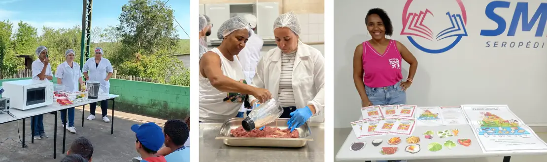 Montagem com três fotos de ações do projeto com a comunidade. Da esquerda para direita: três mulheres aplicando oficina com crianças em um espaço ao ar livre, duas mulheres em uma cozinha fazendo uma receita e uma mulher em frente a uma mesa com vários cartões.