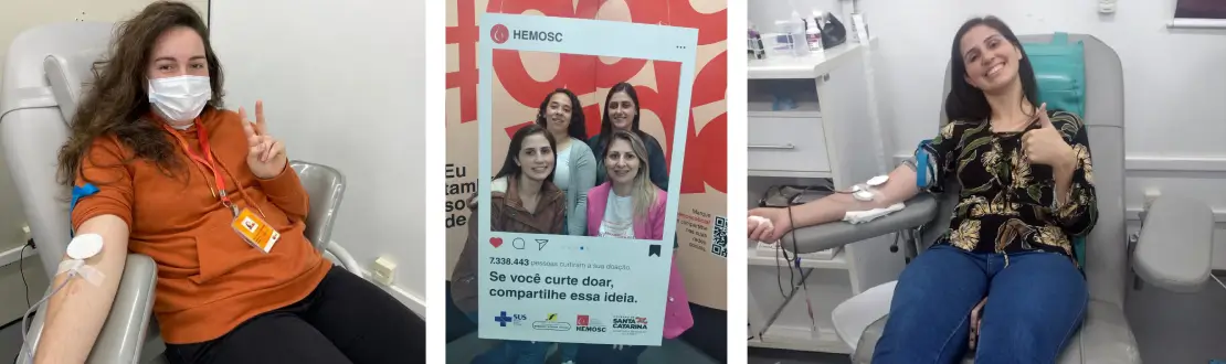 Montagem com três fotos de pessoas da rede de voluntariado do Instituto BRF doando sangue. Da esquerda para direita: Paula Maruthia Bavaresco faz o sinal de curtir enquanto doa sangue, um grupo de voluntárias usando uma placa que imita uma publicação no Instagram e uma voluntária fazendo o sinal de curtir enquanto doa sangue.