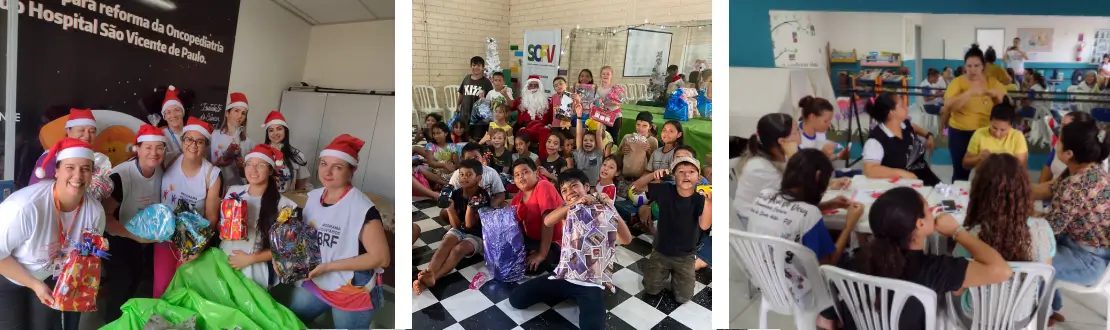 Montagem com três fotos de ações realizadas durante a campanha de voluntariado de Natal do Instituto BRF. Da esquerda para direita: na primeira há um grupo de voluntárias segurando presentes nas mãos; na segunda, há um grupo de crianças junto com uma pessoa vestida de Papai Noel segurando presentes nas mãos; e mulheres sentadas ao redor de uma mesa fazendo artesanato enquanto uma outra mulher, que está em pé, ensina as técnicas.