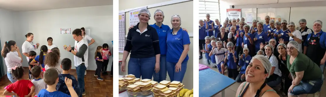 Montagem com três fotos de ações realizadas durante o mês de outubro. Da esquerda para direita: há um voluntário explicando uma brincadeira para crianças, três mulheres em pé em frente a uma mesa com lanches, e selfie do grupo de voluntariado com crianças.