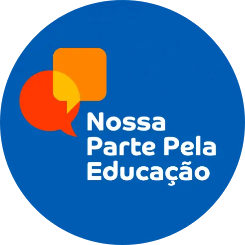 Arte em fundo azul com o selo do programa Nossa Parte Pela Educação
