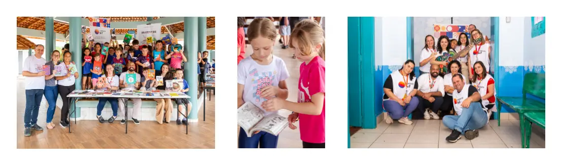 Montagem com três fotos, sendo que na primeira há pessoas voluntárias do Instituto BRF com crianças durante uma entrega de livros, duas meninas lendo um livro e grupo de voluntários do Instituto BRF em uma sala de aula.